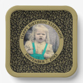 お使いの写真40乱数パターンブラック/金ゴールド ペーパープレート (正面)