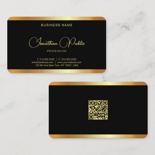 お使いのQRコードカスタム文字ブラック&金ゴールド 名刺 (正面/裏面)