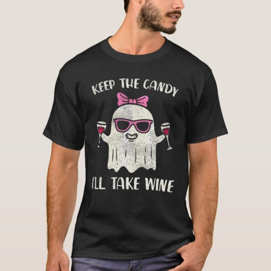 お保菓子はワインが面白いハロウィーンの女の子 Tシャツ (正面)