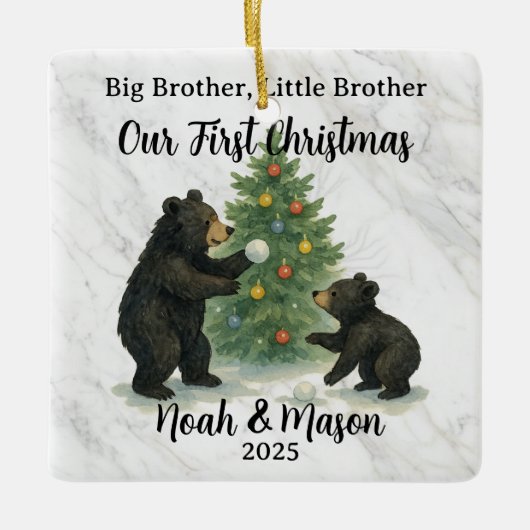 お兄ちゃんと弟のクマのカスタムクリスマス セラミックオーナメント (正面)