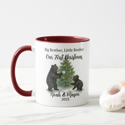 お兄ちゃんと弟のクマのカスタムクリスマス マグカップ (ドーナツ)