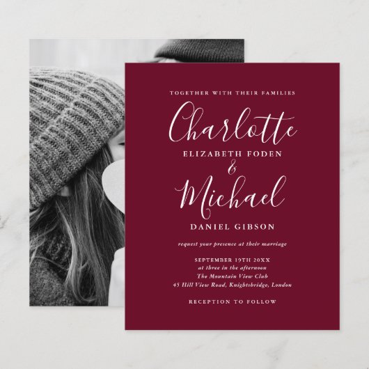 お写真付きバジェットバーガンディースクリプト結婚式招待状 (正面/裏面)