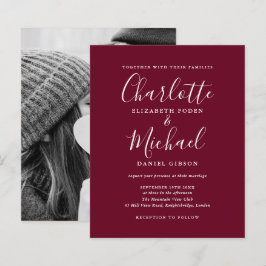 お写真付きバジェットバーガンディースクリプト結婚式招待状