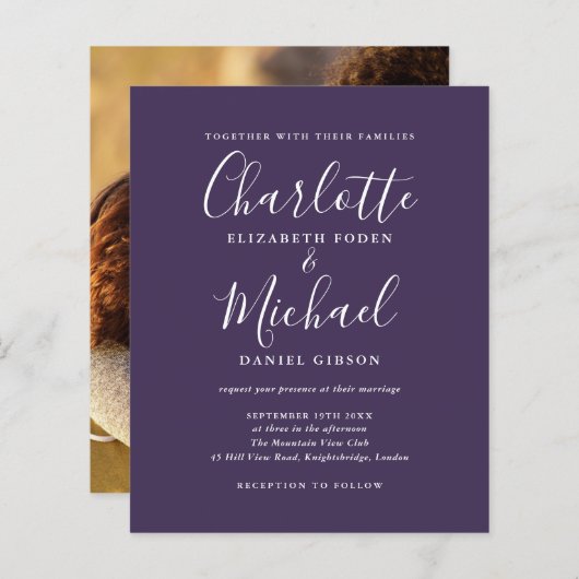 お写真付きパープルスクリプト結婚式招待状 (正面/裏面)