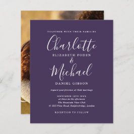 お写真付きパープルスクリプト結婚式招待状