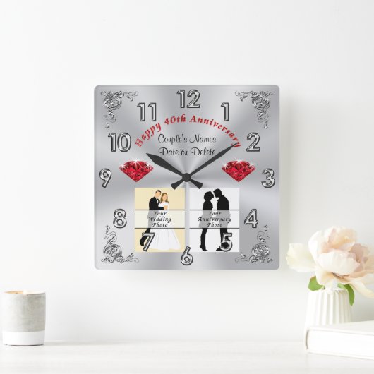 お写真1枚または2枚のルビー結婚40周年記念ギフト スクエア壁時計 (ホーム)