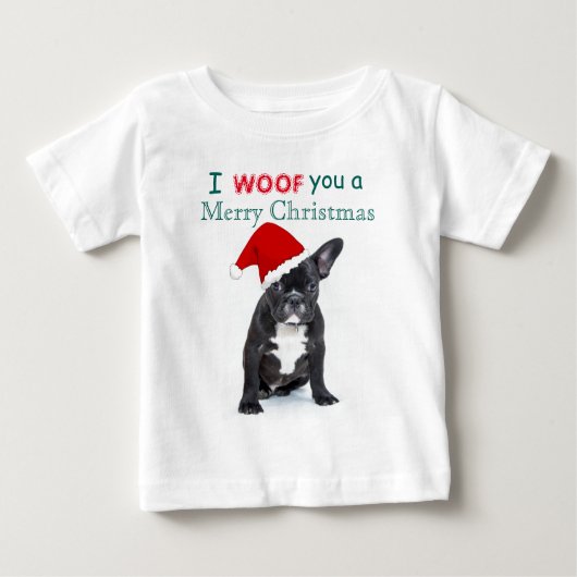 「お前に幸せなクリスマス」ブルドッグの子犬 ベビーTシャツ (正面)