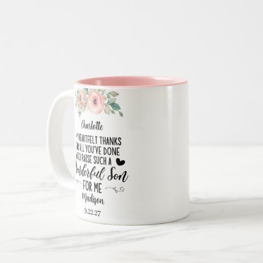 お前のメッセージを持つ新郎の感謝してい贈り物の母 ツートーンマグカップ (正面左)