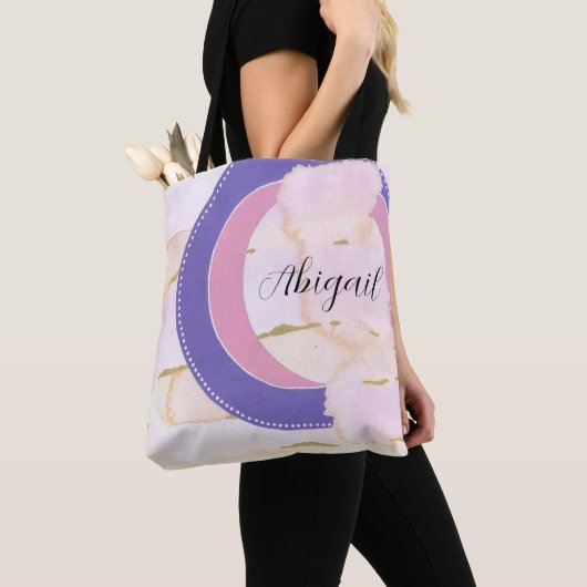 お前の名前だ。抽象芸術の水色の雲ピンク、金ゴールド トートバッグ (クローズアップ)