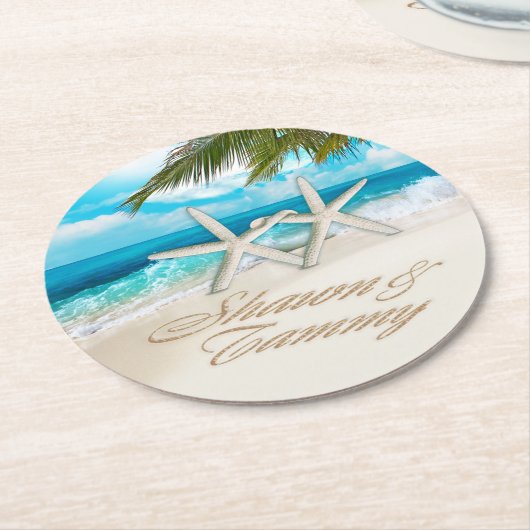 お前の名前を砂に入れるヒトデのカップル ラウンドペーパーコースター (アングル)