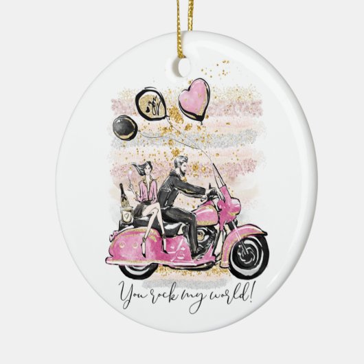 お前は俺の世界を揺れ動かす |カップルのオートバイ昇華 セラミックオーナメント (左)