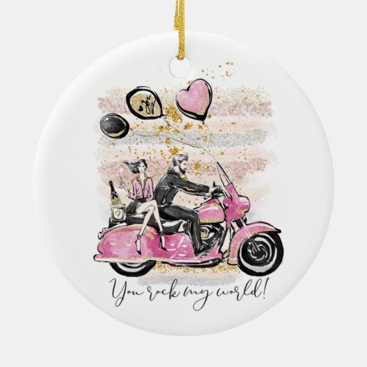 お前は俺の世界を揺れ動かす |カップルのオートバイ昇華 セラミックオーナメント (裏面)