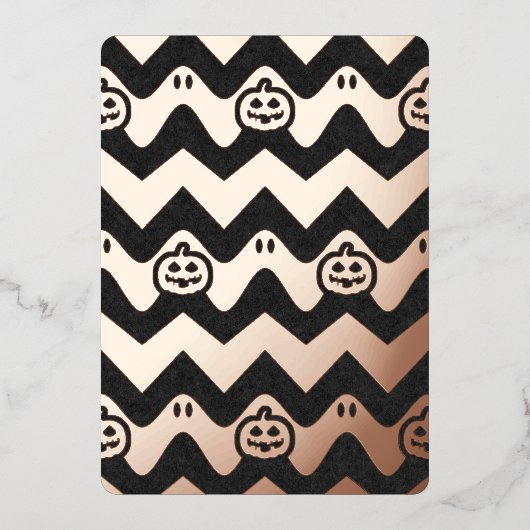 お化けとカボチャのハロウィンチェブロンパターン 箔招待状 (正面)