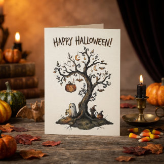 お化けとコウモリのハロウィンツリー カード