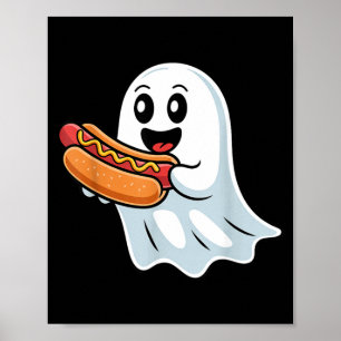 お化けのブーがホットドッグを食べているハロウィンの仮装 ポスター