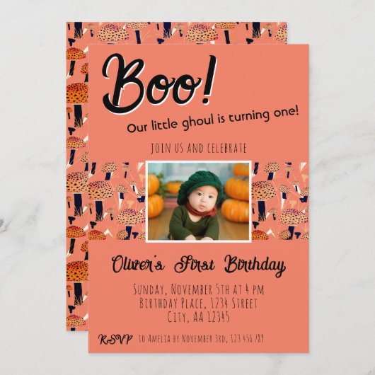 お化けの1歳の誕生日きのこハロウィン秋 招待状 (正面/裏面)