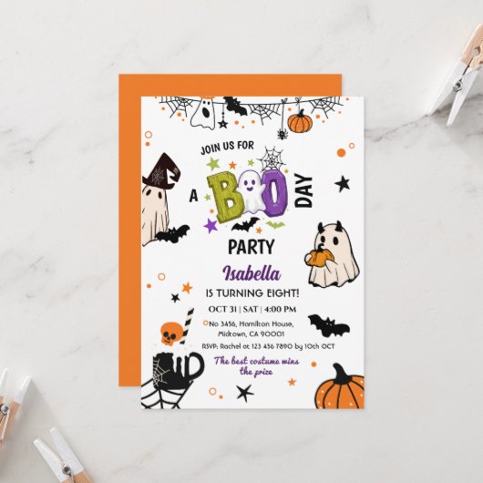 お化けの8歳のハロウィン誕生日 ウェブシー 招待状 (正面/裏面インサイチュ)