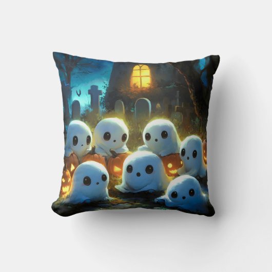 お化け夜の墓地 かわいいハロウィンの幽霊 クッション (正面)
