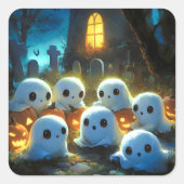 お化け夜の墓地 かわいいハロウィンの幽霊 スクエアシール (正面)