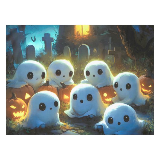 お化け夜の墓地 かわいいハロウィンの幽霊 テーブルクロス (正面(横))