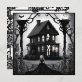 お化け屋敷とゴシック女性のハロウィン 招待状 (正面/裏面)