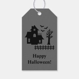 お化け屋敷とハッピーハロウィンの灰色テキスト ギフトタグ