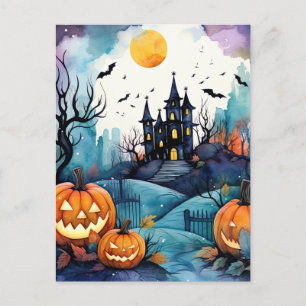 お化け屋敷のカボチャのランタンとコウモリのハロウィンカード シーズンポストカード