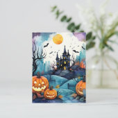 お化け屋敷のカボチャのランタンとコウモリのハロウィンカード シーズンポストカード (スタンド正面)