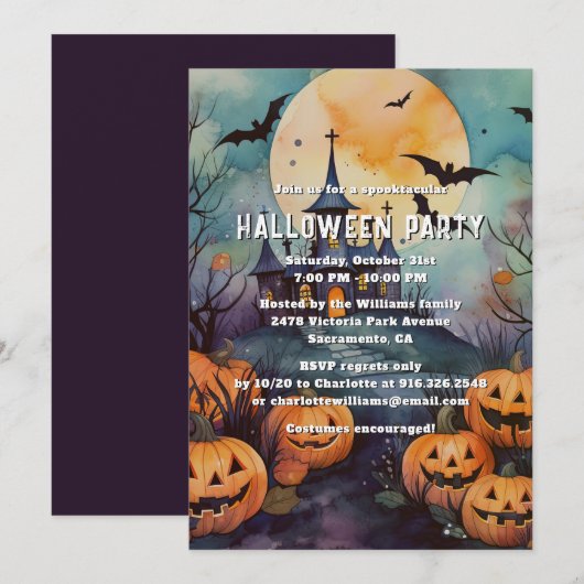 お化け屋敷のジャックオーランタン ハロウィンパーティー 招待状 (正面/裏面)