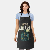 お化け屋敷のハロウィンデザインをクリーピーに Keep It Creepy エプロン (着用した状態)