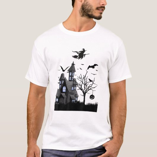 お化け屋敷のハロウィンTシャツ 飛ぶコウモリと魔女 Tシャツ (正面)