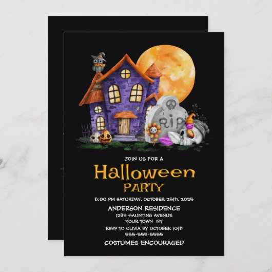 お化け屋敷の墓石ハロウィンパーティー 招待状 (正面/裏面)