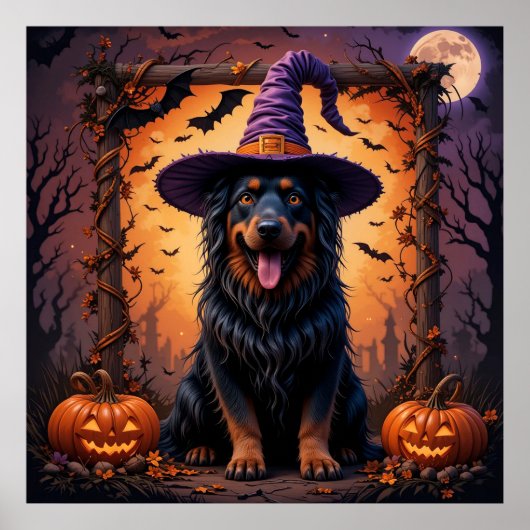 お化け屋敷の家の装飾にぴったりなかわいい黒犬のハロウィンアート ポスター (正面)