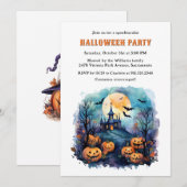 お化け屋敷の月とコウモリのカボチャ ハロウィンパーティー 招待状 (正面/裏面)