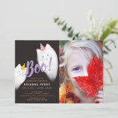 お化け！ハロウィン ゴースト 猫 パープル フォト 誕生日 招待状 (スタンド正面)