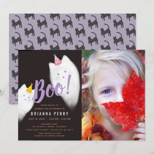 お化け！ハロウィン ゴースト 猫 パープル フォト 誕生日 招待状 (正面/裏面)