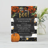 お化け！黒と白のストライプのバラとカボチャのハロウィン 招待状 (スタンド正面)