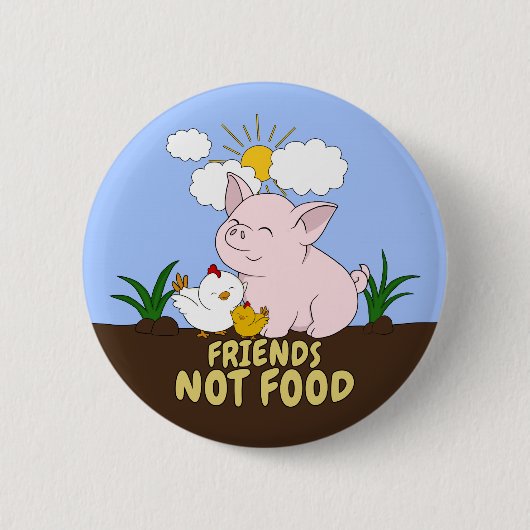 お友達が食べ物を食べない – かわいい豚と鶏 缶バッジ (正面)