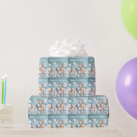 お友達と一緒の1歳の誕生日の赤ちゃんのキリン ラッピングペーパー (パーティーギフト)