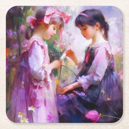 お友達と花2 スクエアペーパーコースター (正面)