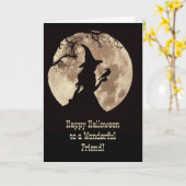 お友達ハッピーハロウィーンかわいい魔女の月明かりの中 カード (黄色い花)
