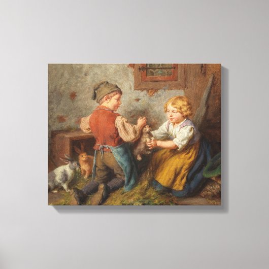 お友達(幼い遊男の子とペットのうさぎ) キャンバスプリント (正面)