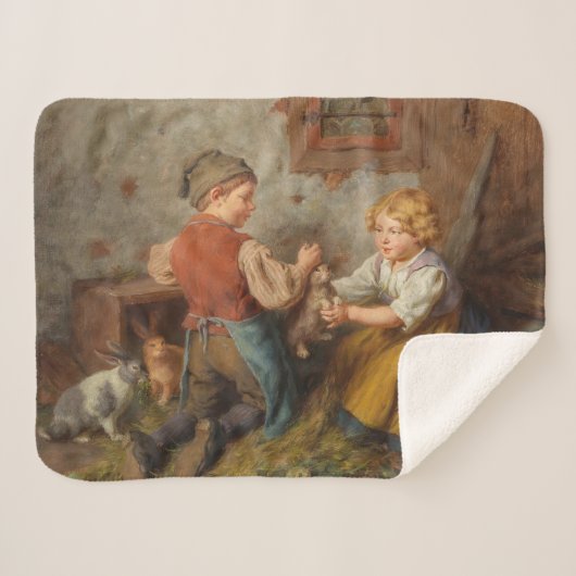 お友達(幼い遊男の子とペットのうさぎ) シェルパブランケット (正面(横))