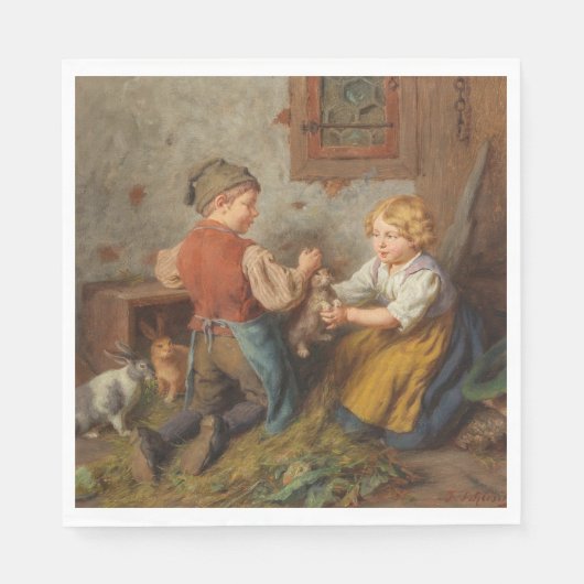 お友達(幼い遊男の子とペットのうさぎ) スタンダードランチョンナプキン (正面)