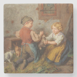 お友達(幼い遊男の子とペットのうさぎ) ストーンコースター