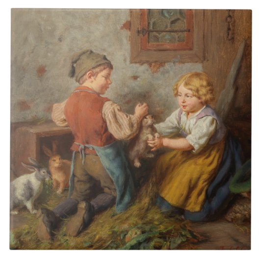 お友達(幼い遊男の子とペットのうさぎ) タイル (正面)