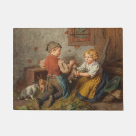 お友達(幼い遊男の子とペットのうさぎ) ドアマット