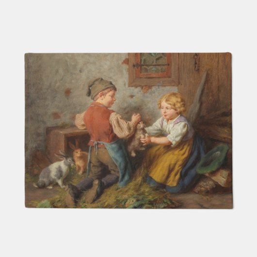 お友達(幼い遊男の子とペットのうさぎ) ドアマット (正面)