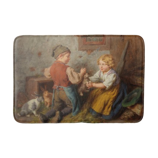 お友達(幼い遊男の子とペットのうさぎ) バスマット (正面)