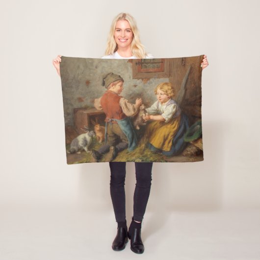 お友達(幼い遊男の子とペットのうさぎ) フリースブランケット (インサイチュ)